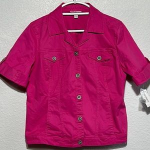 Dressbarn pink short sleeve jean jacket style blazer jacket, size large, NWT